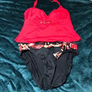 St John’s Bay Womens Swimsuit 16 Two Piece Red Black
